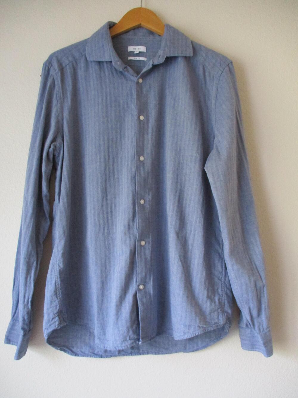 Reiss Shirt Mens XL Blue Herringbone Twill Slim Fit Long Sleeve Button Front